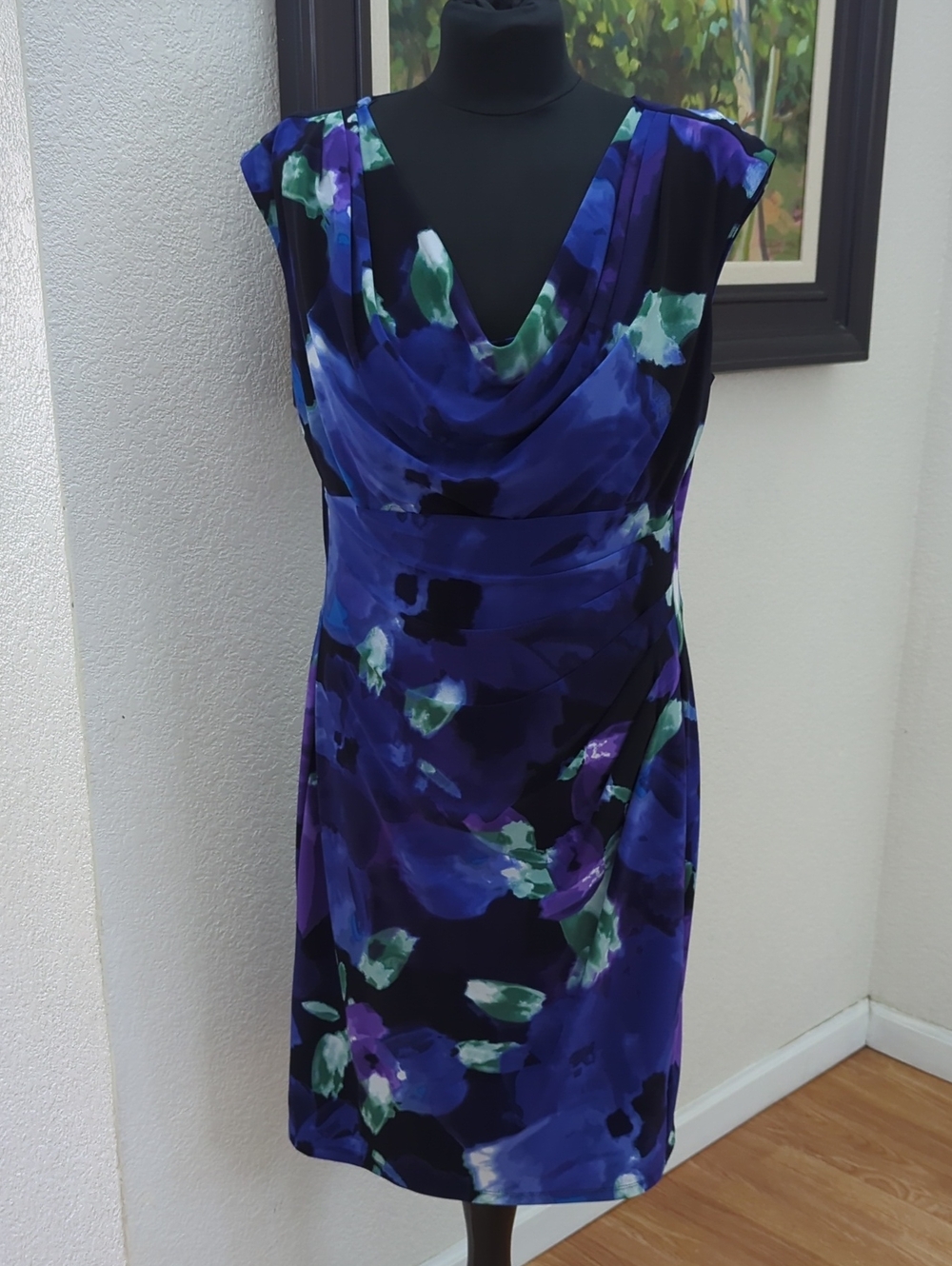 Ralph Lauren Size 16 Floral Cowl Neck Sheath Dress in Blue and Green, Lined